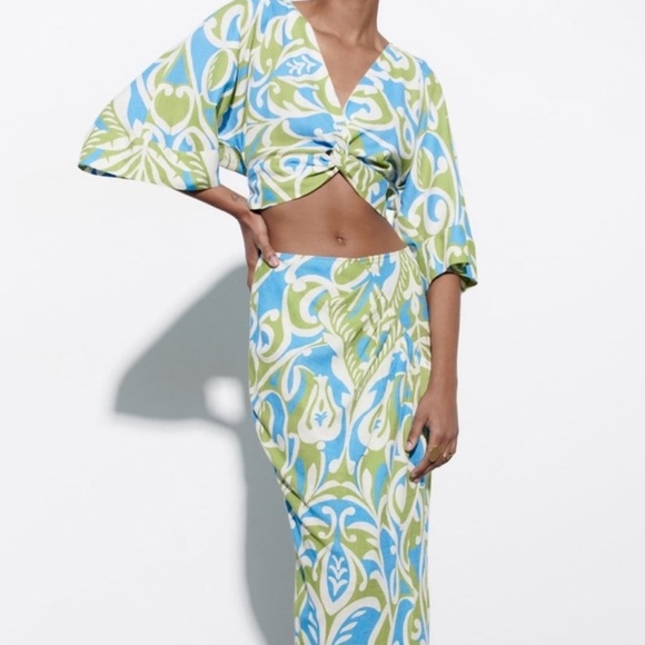 Zara printed twist front cropped blouse linen blend size Medium - Picture 1 of 6